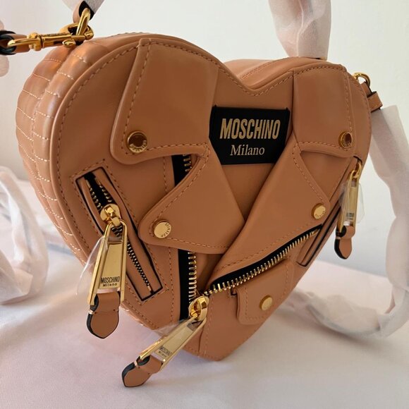 SS22 MOSCHINO Couture Jeremy Scott Peach Heart Shaped Leather Biker Jacket Bag - Picture 6 of 14